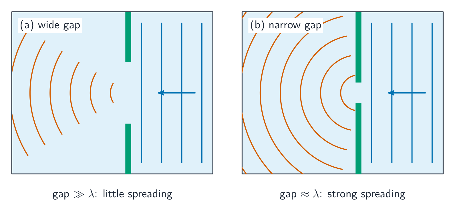 Straight water waves in a ripple tank meeting a barrier with a gap: through a wide gap (a) they pass almost straight, through a narrow gap (b) they spread out in curved wavefronts
