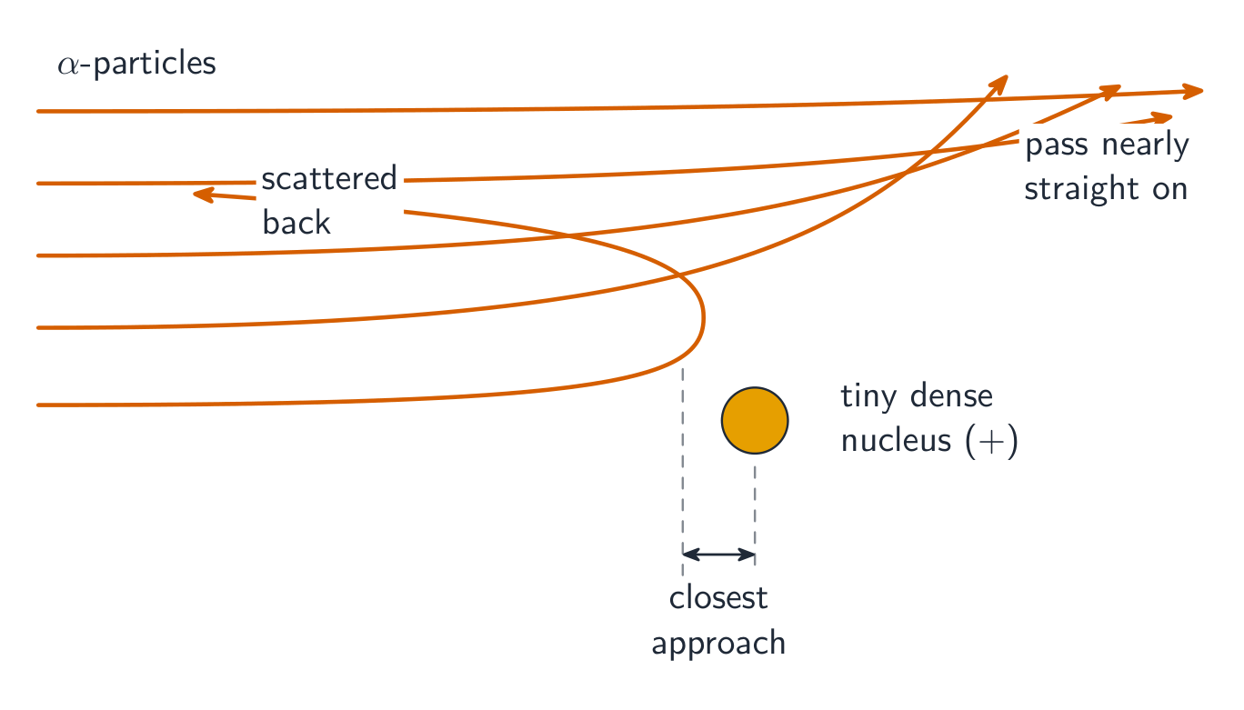 Paths of alpha particles near a tiny dense nucleus: most pass almost straight through, some are deflected through small angles, and a rare one approaching head-on is scattered back at its closest approach