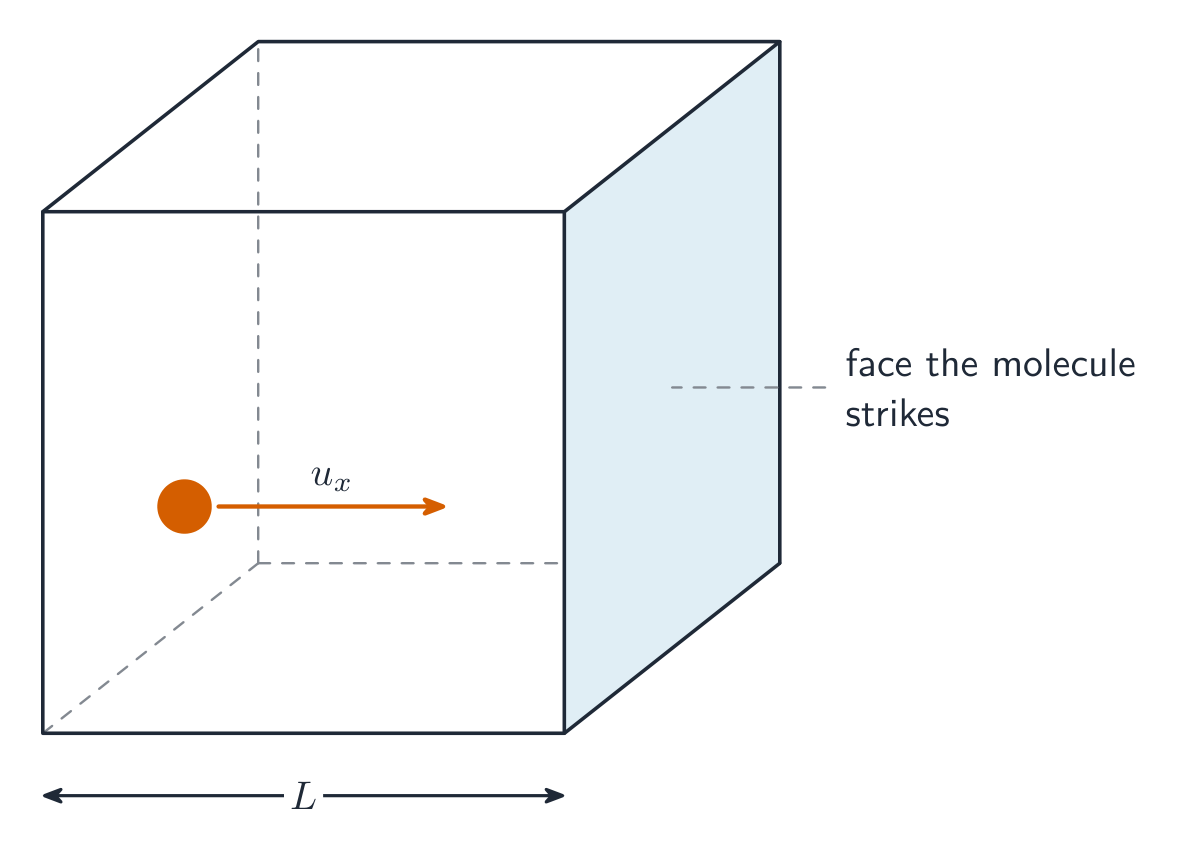 A cube of gas of side with one molecule shown moving with a velocity component directed at right angles towards one face