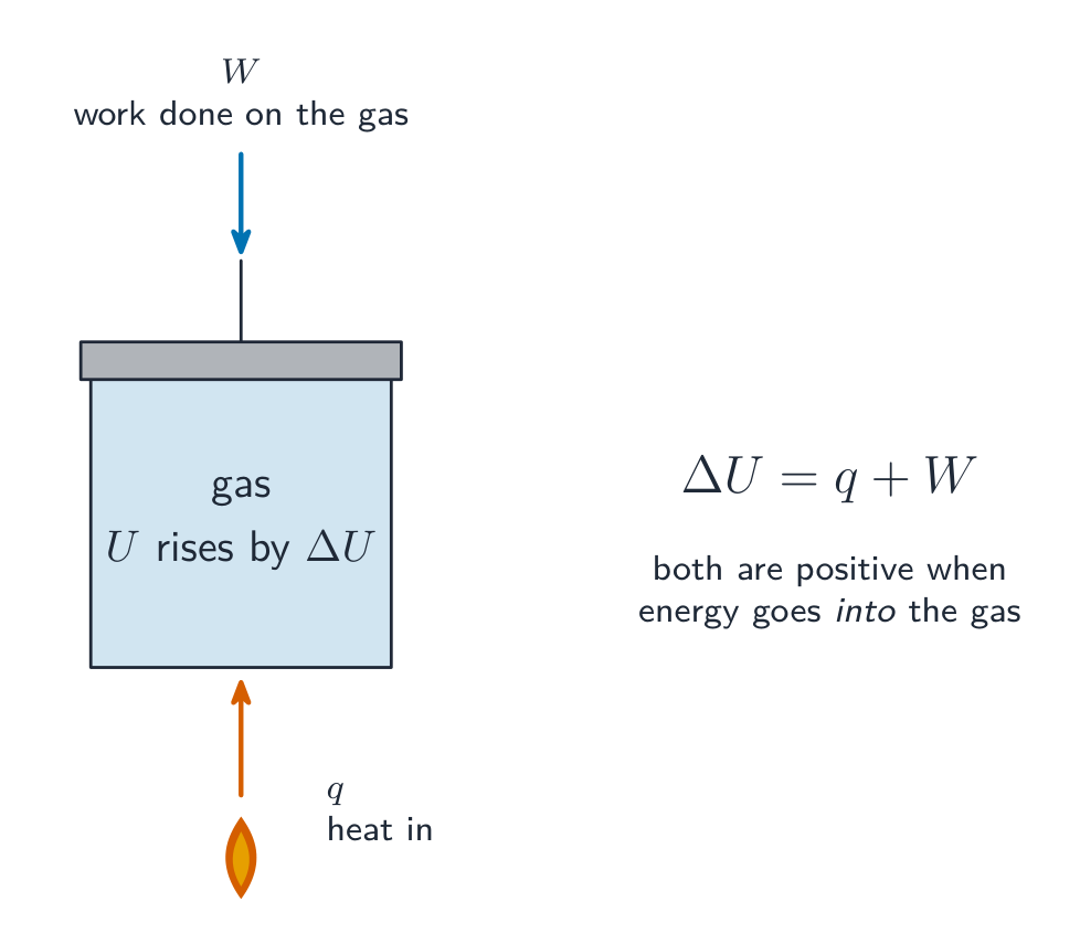 A box labelled gas, the system, with a blue arrow labelled q, energy in by heating, entering from the left and an orange arrow labelled W, work done on the gas, entering from the right; below the box is the equation Delta U = q + W with a note that each term is positive when energy goes into the gas