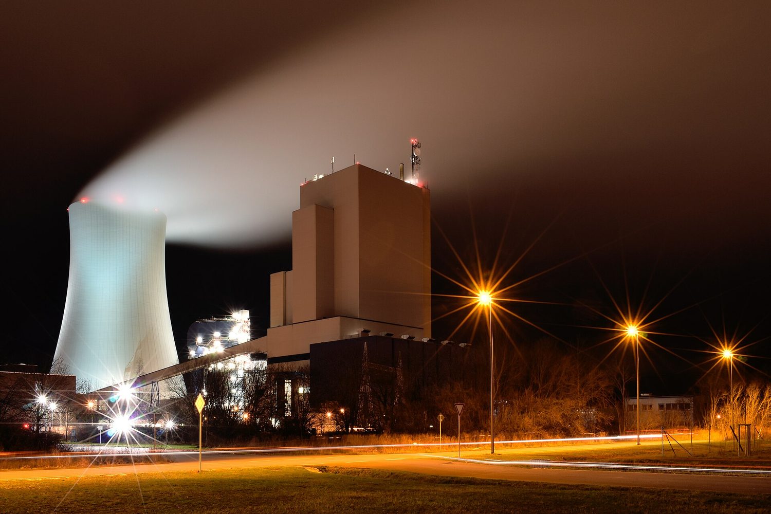 A power station with cooling towers