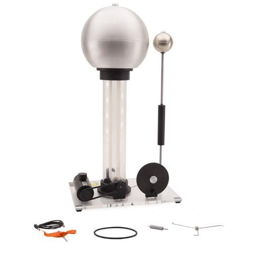A Van de Graaff generator: a large polished metal dome on a clear column, with a moving rubber belt inside and a small discharge sphere on a stand beside it