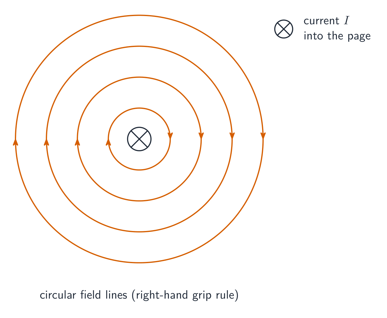 Concentric circular magnetic field lines around a straight current-carrying wire, with the current going into the page