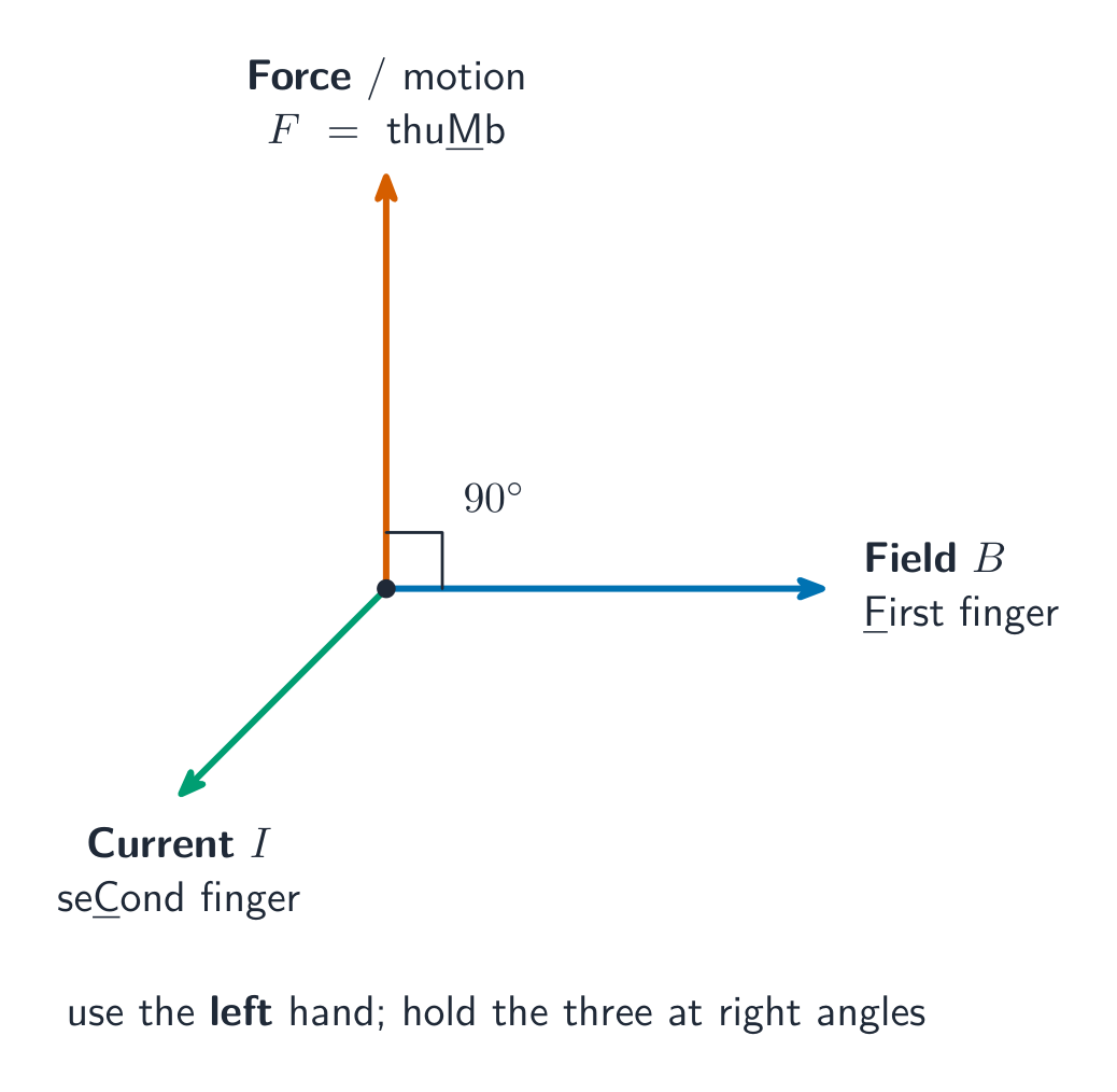 Three mutually perpendicular arrows from one point: thumb is force or motion, first finger is field, second finger is current