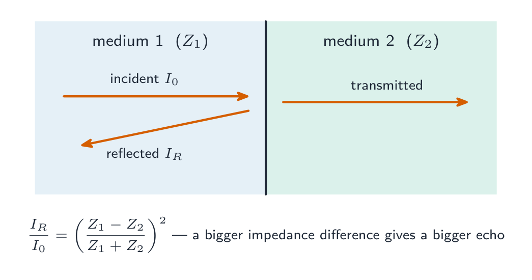 At a boundary between media of acoustic impedance Z1 and Z2, the incident pulse splits into a reflected part and a transmitted part; the bigger the impedance difference, the bigger the reflected echo