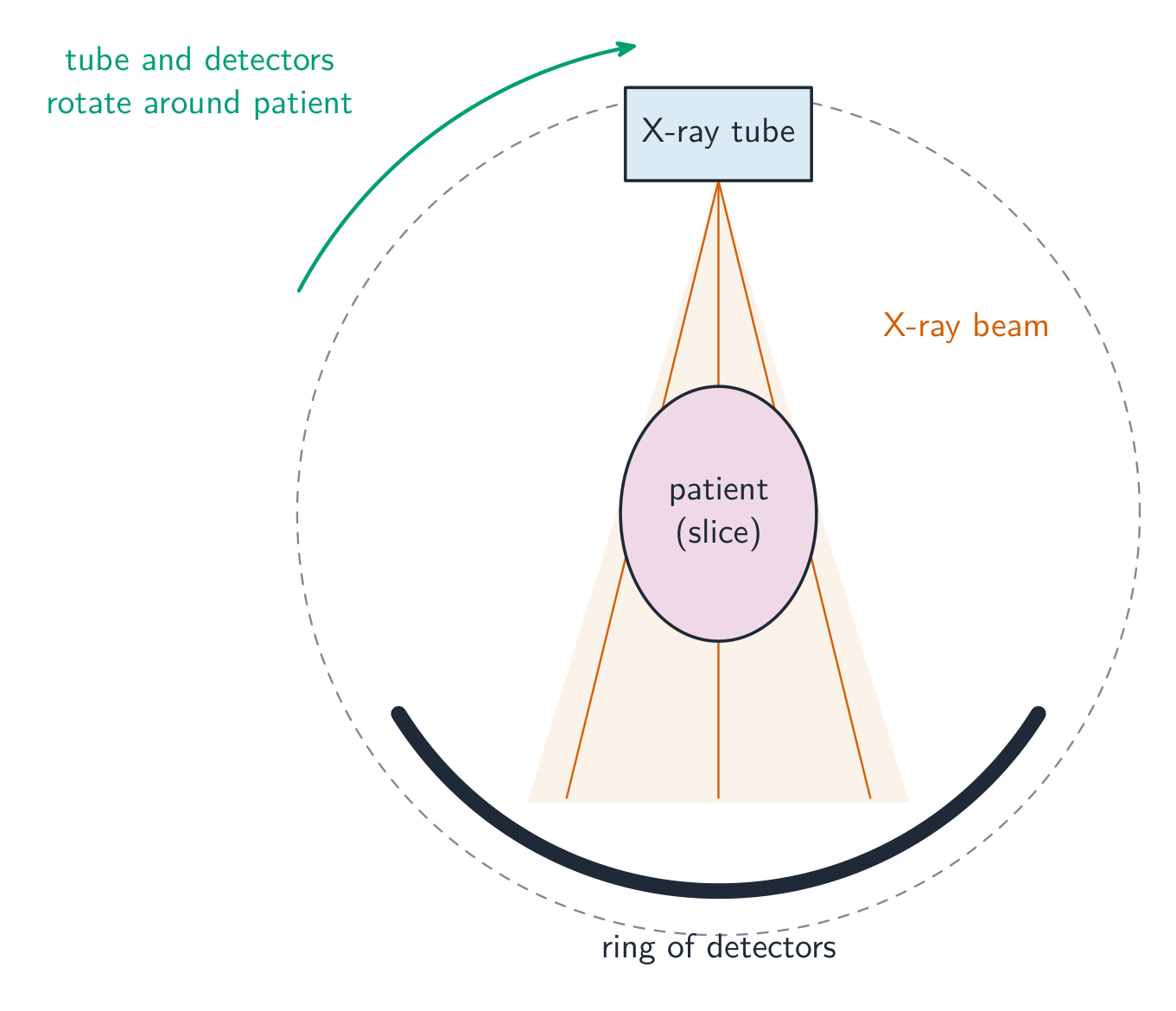 A CT-scan arrangement: a fan of X-ray beams passes through the patient's body to a curved array of X-ray detectors on the far side, and the tube and detectors rotate around the patient