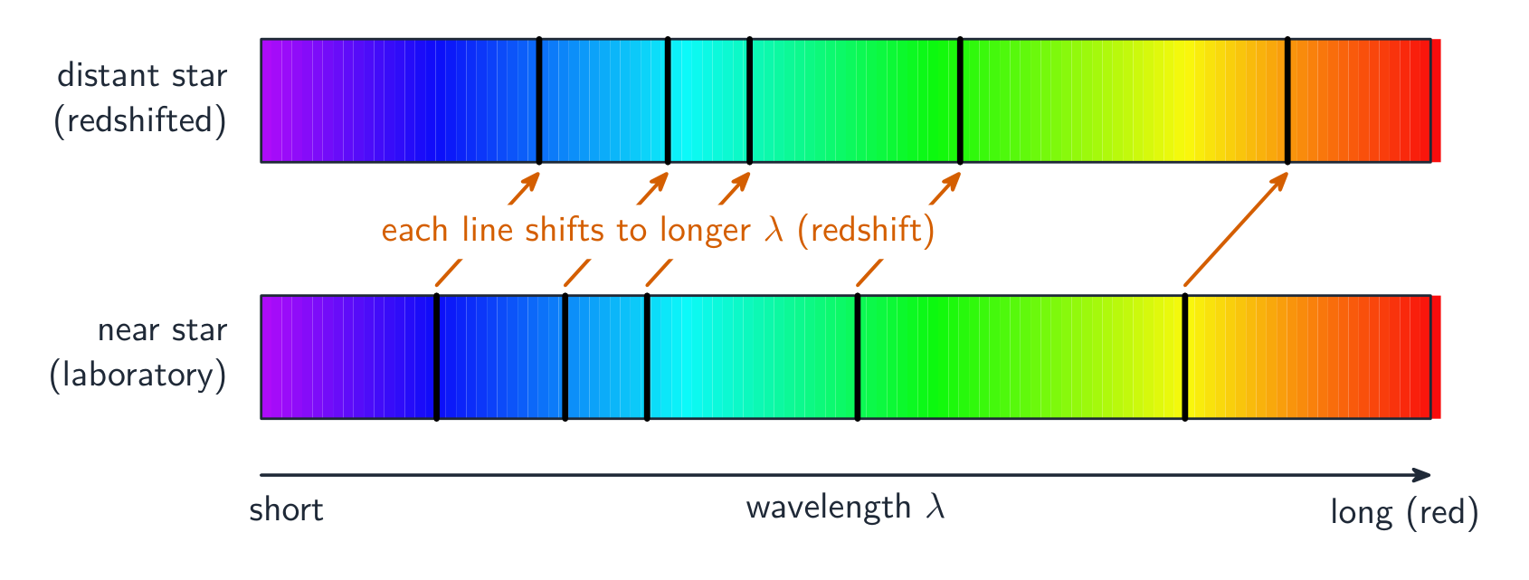 Two spectra compared: for a near star the dark hydrogen absorption lines sit at their laboratory wavelengths; for a distant star the same pattern of lines is shifted towards the red (longer-wavelength) end