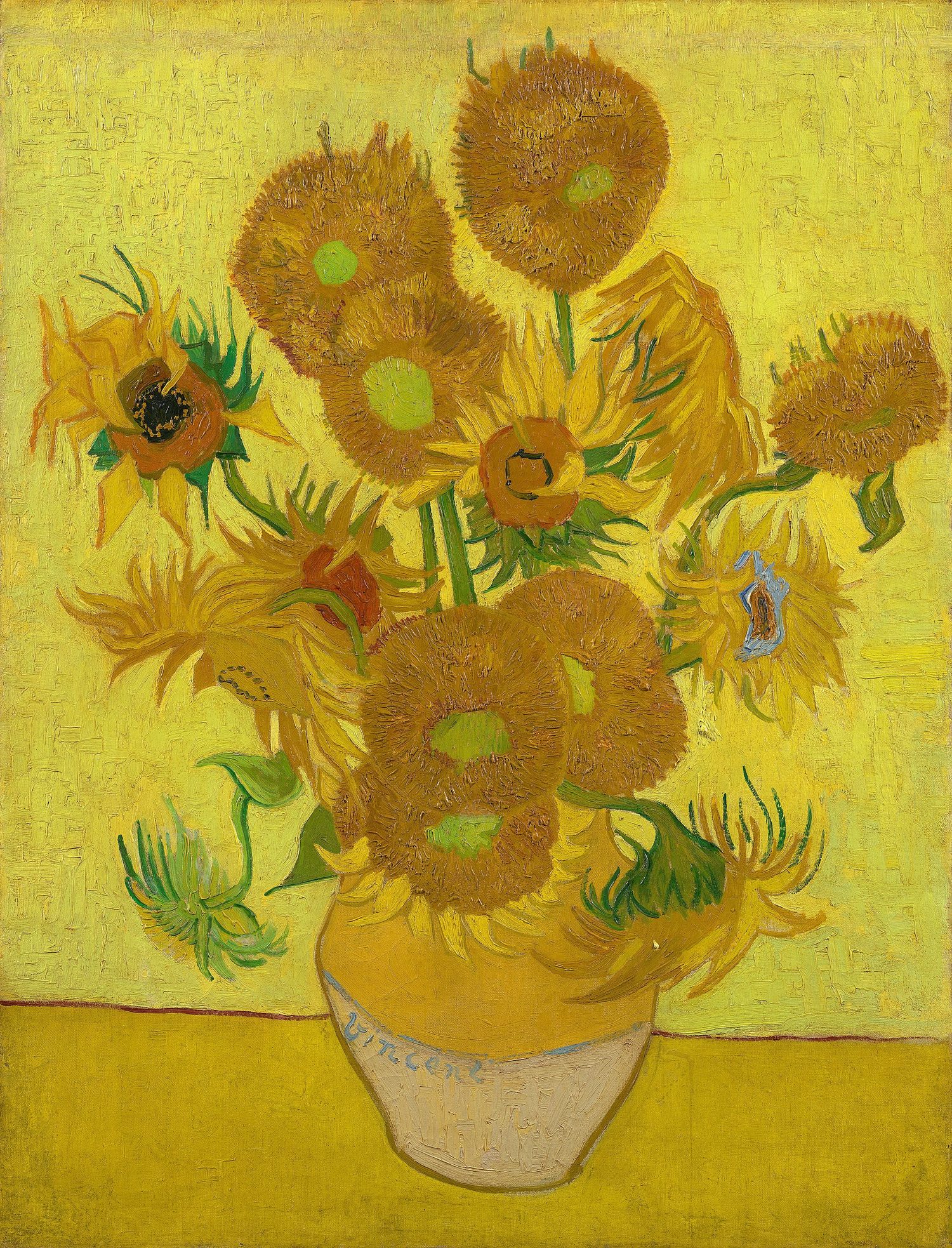 Van Gogh's still-life painting of a vase of sunflowers, painted almost entirely in shades of yellow and gold
