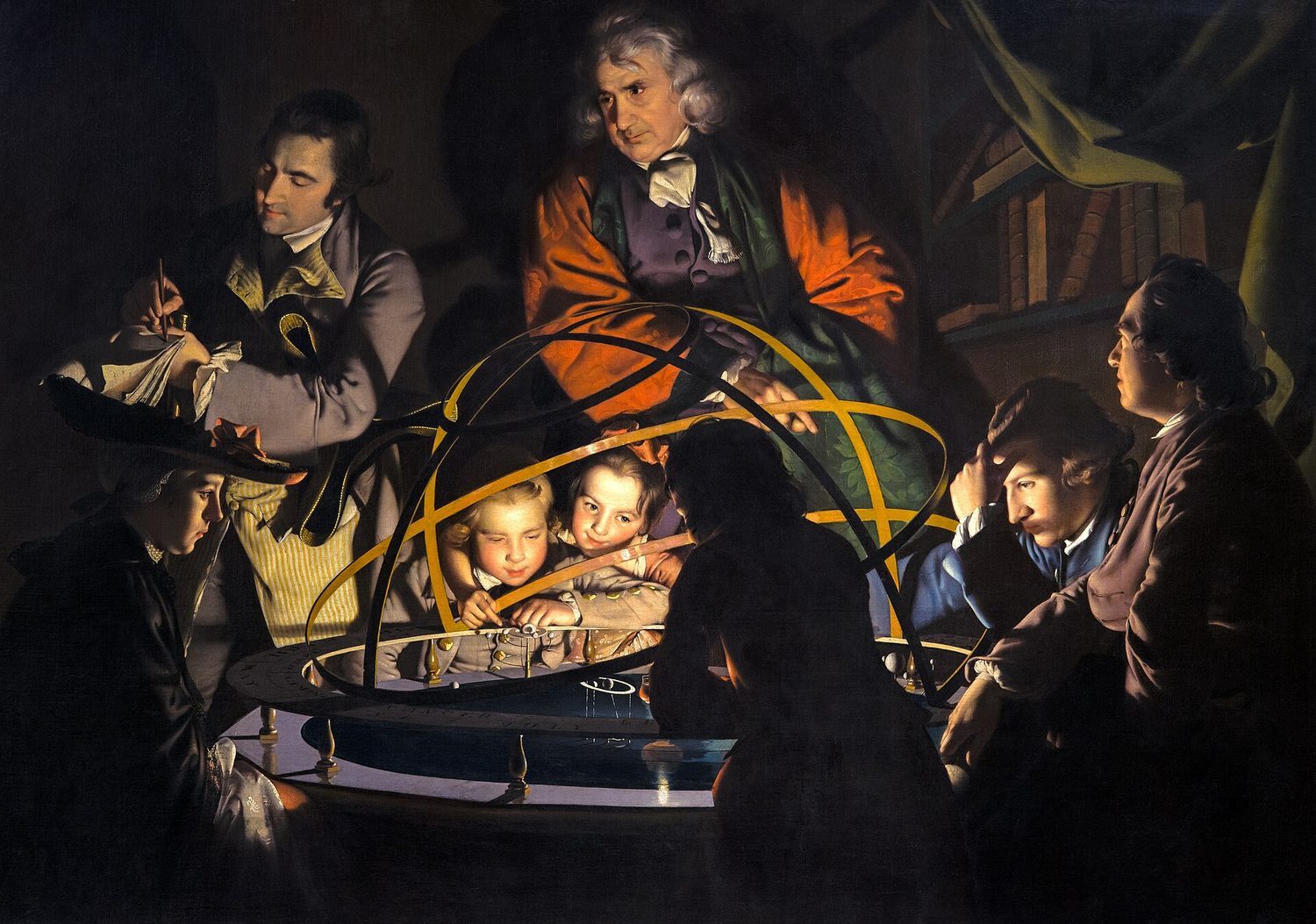 A candle-lit 18th-century painting where people gather around a model of the solar system, their faces glowing against a dark background