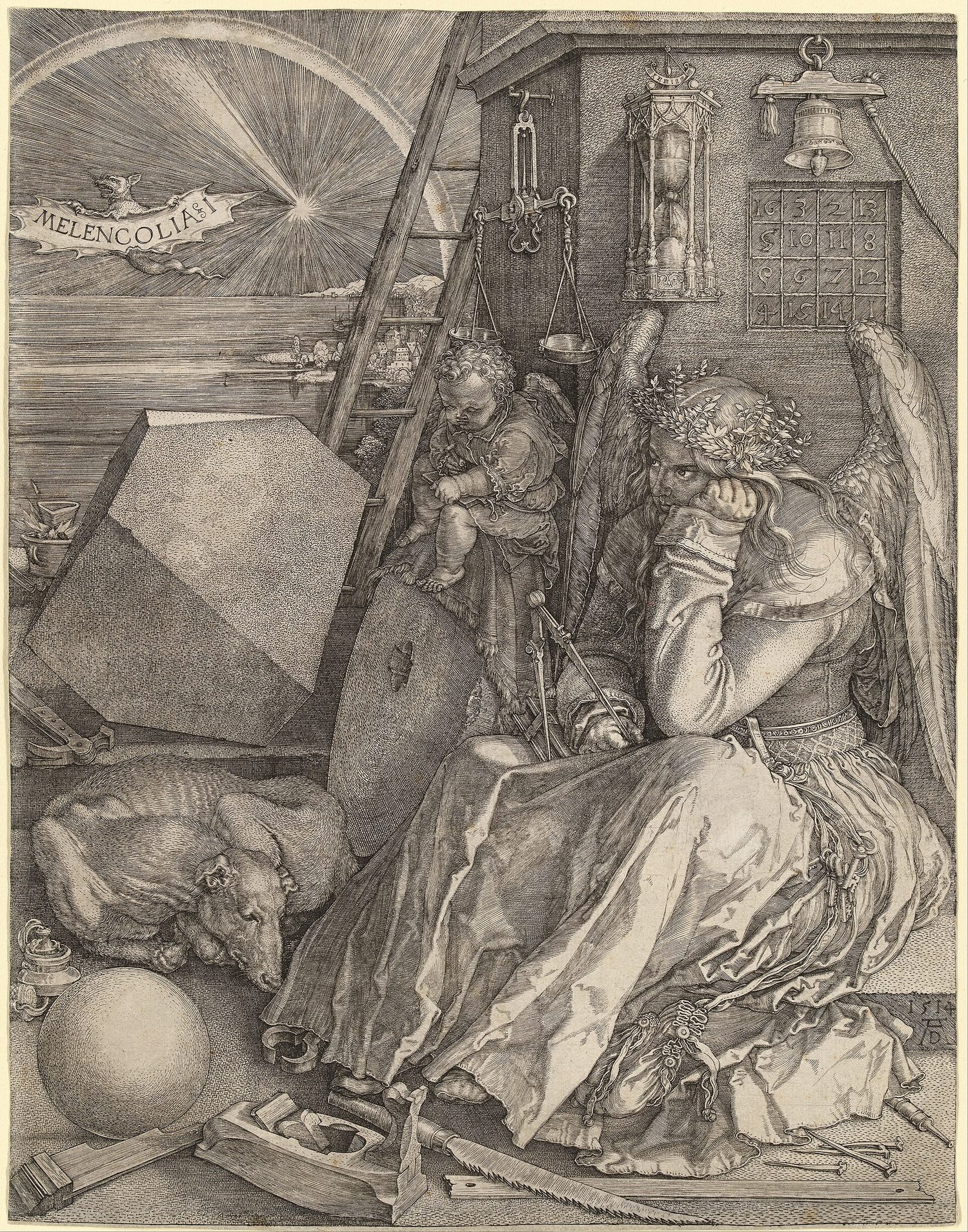 A dense, highly detailed old print of a seated winged figure surrounded by tools and symbols, all built from fine engraved lines