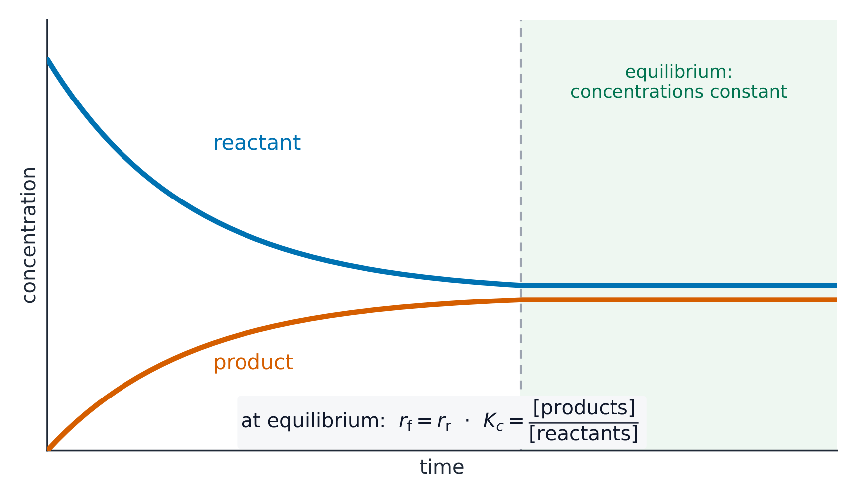 Reactant and product concentrations change, then hold constant once equilibrium is reached