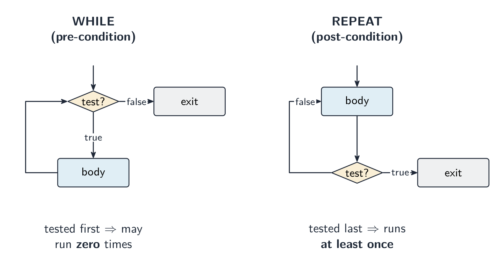 A pre-condition (WHILE) loop tests before the body, so it may run zero times