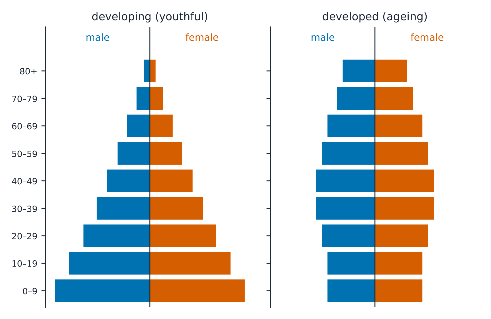 Population pyramids of a developing and a developed country