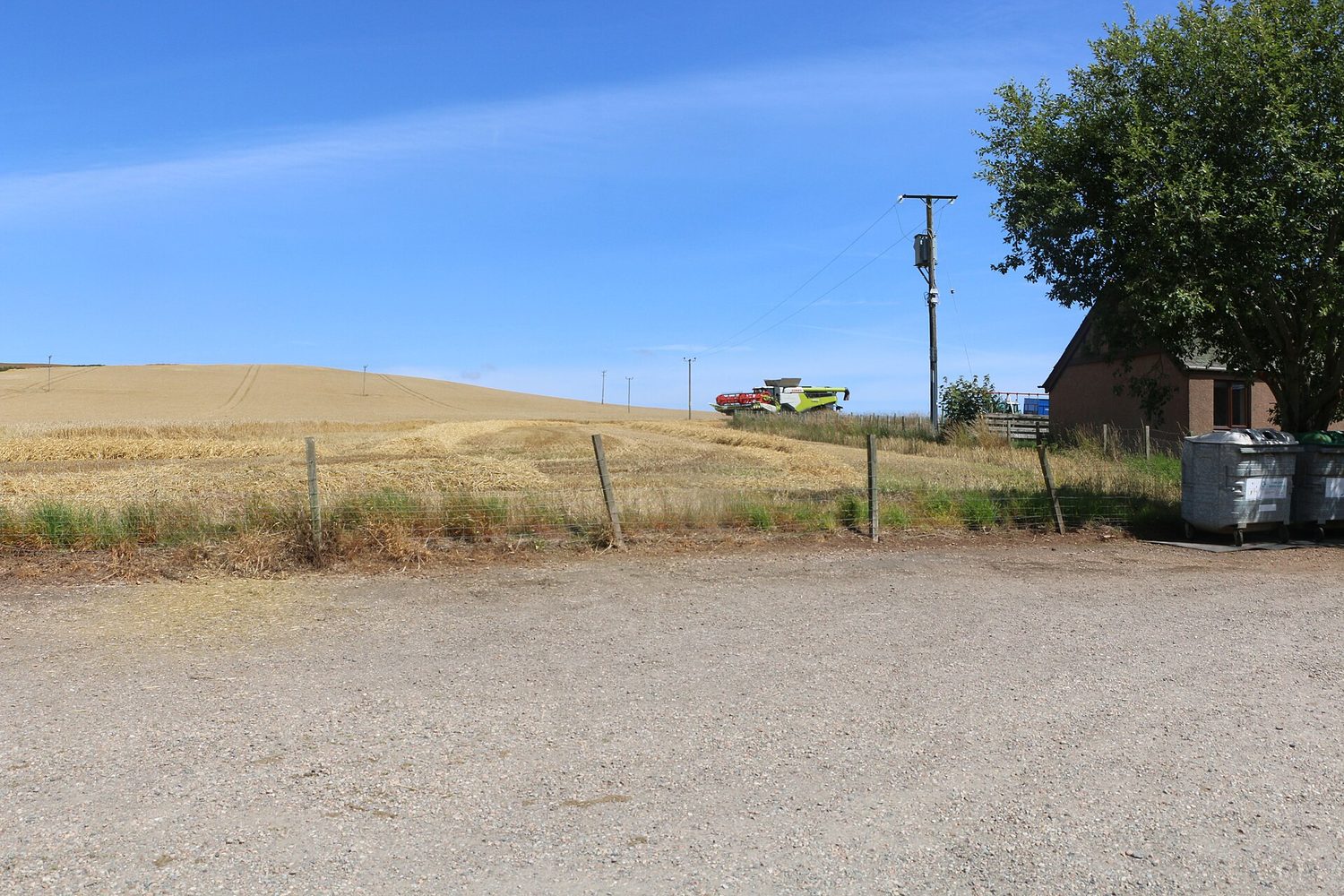 A large red-and-green combine harvester cutting a golden field of wheat