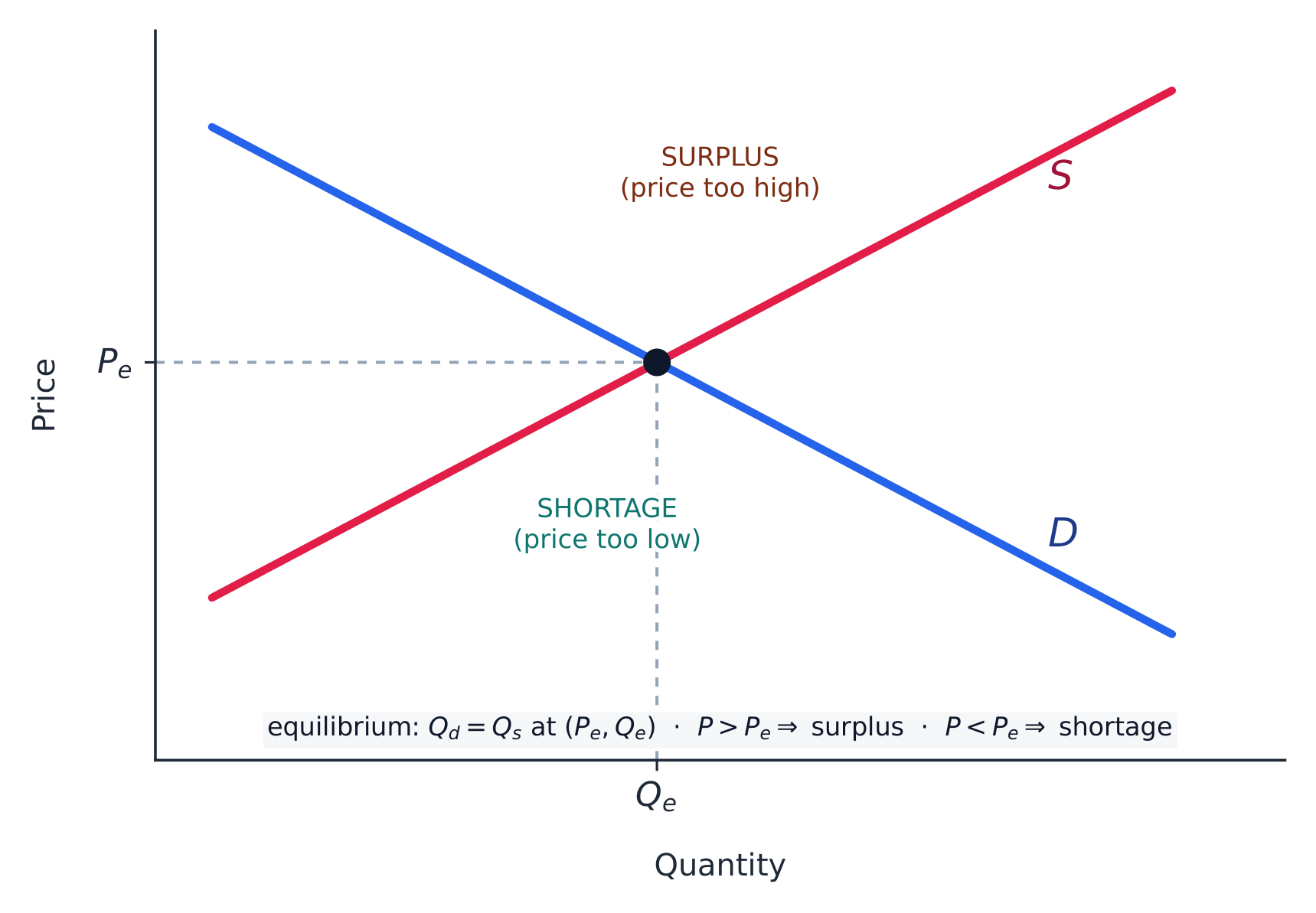 Market equilibrium sits where supply meets demand; away from it lie surplus and shortage