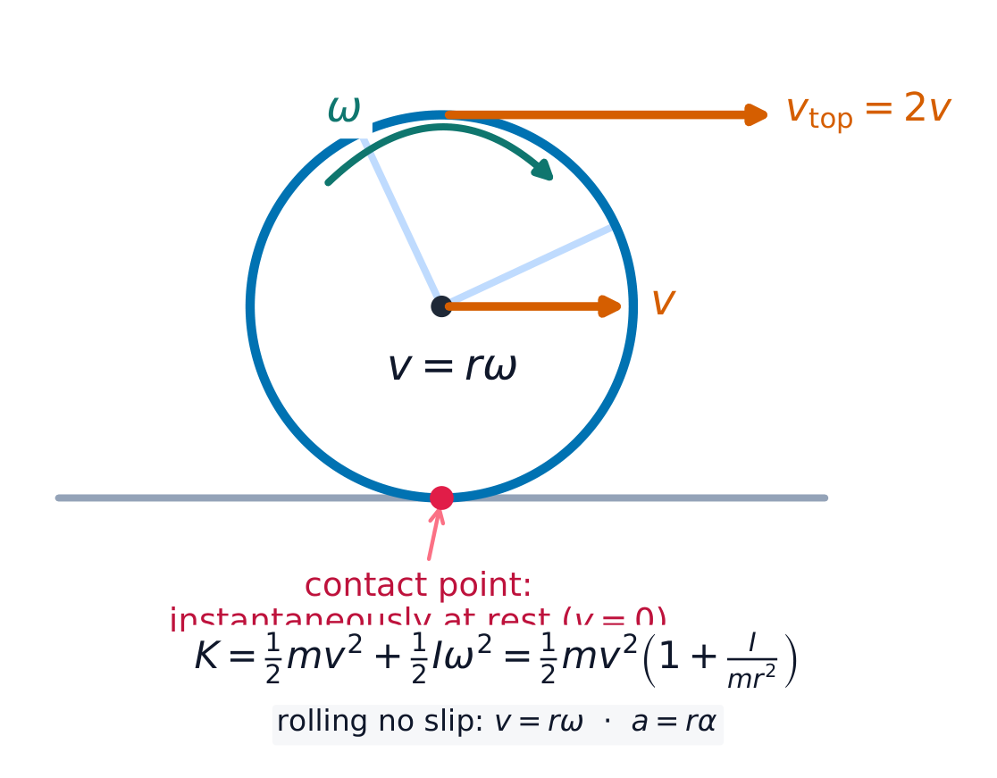 In rolling without slipping the contact point is at rest, so v = rω
