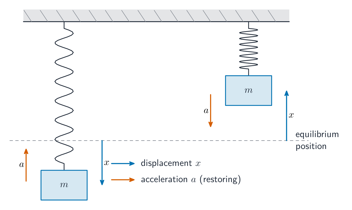 In SHM the acceleration always points back towards equilibrium, opposite the displacement