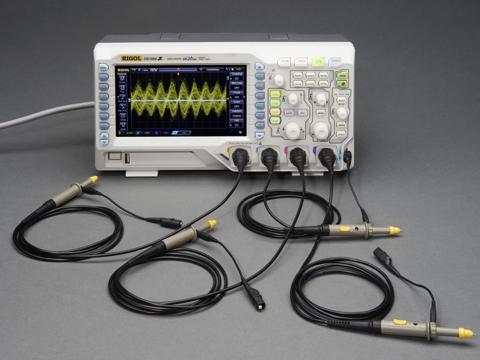 An oscilloscope: circuit behaviour over time is measured as voltage against time