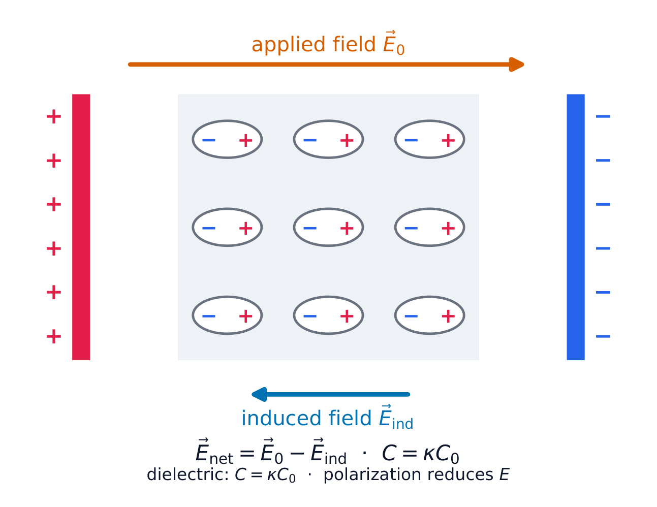 A polarized dielectric creates an internal field opposing the applied field