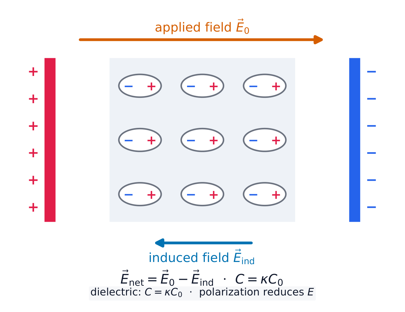 A polarized dielectric creates an internal field opposing the applied field