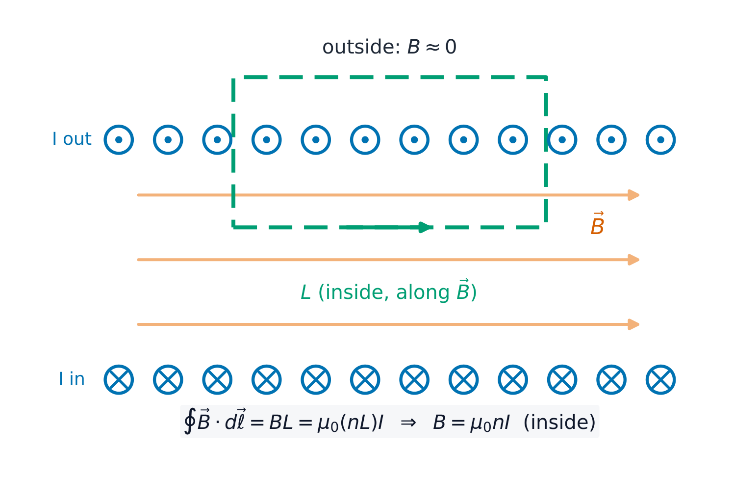 A rectangular Amperian loop derives the uniform field inside a solenoid