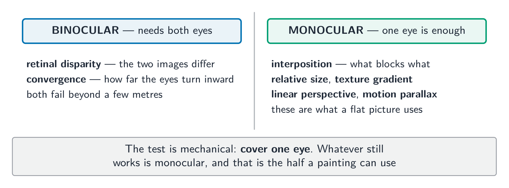 Cover one eye: whatever still works is monocular