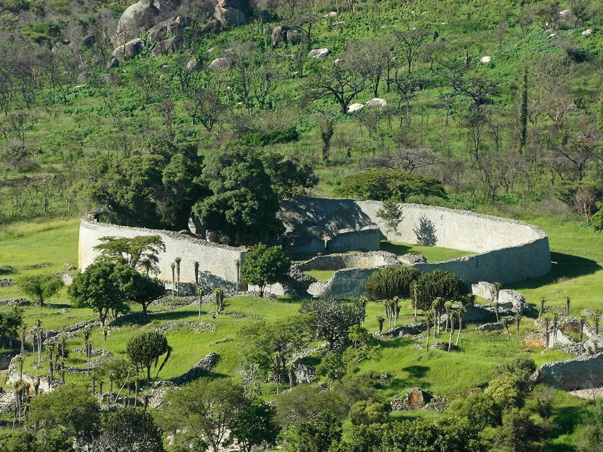 The outer walls of Great Zimbabwe - dry-stone construction, and a state built on the gold trade
