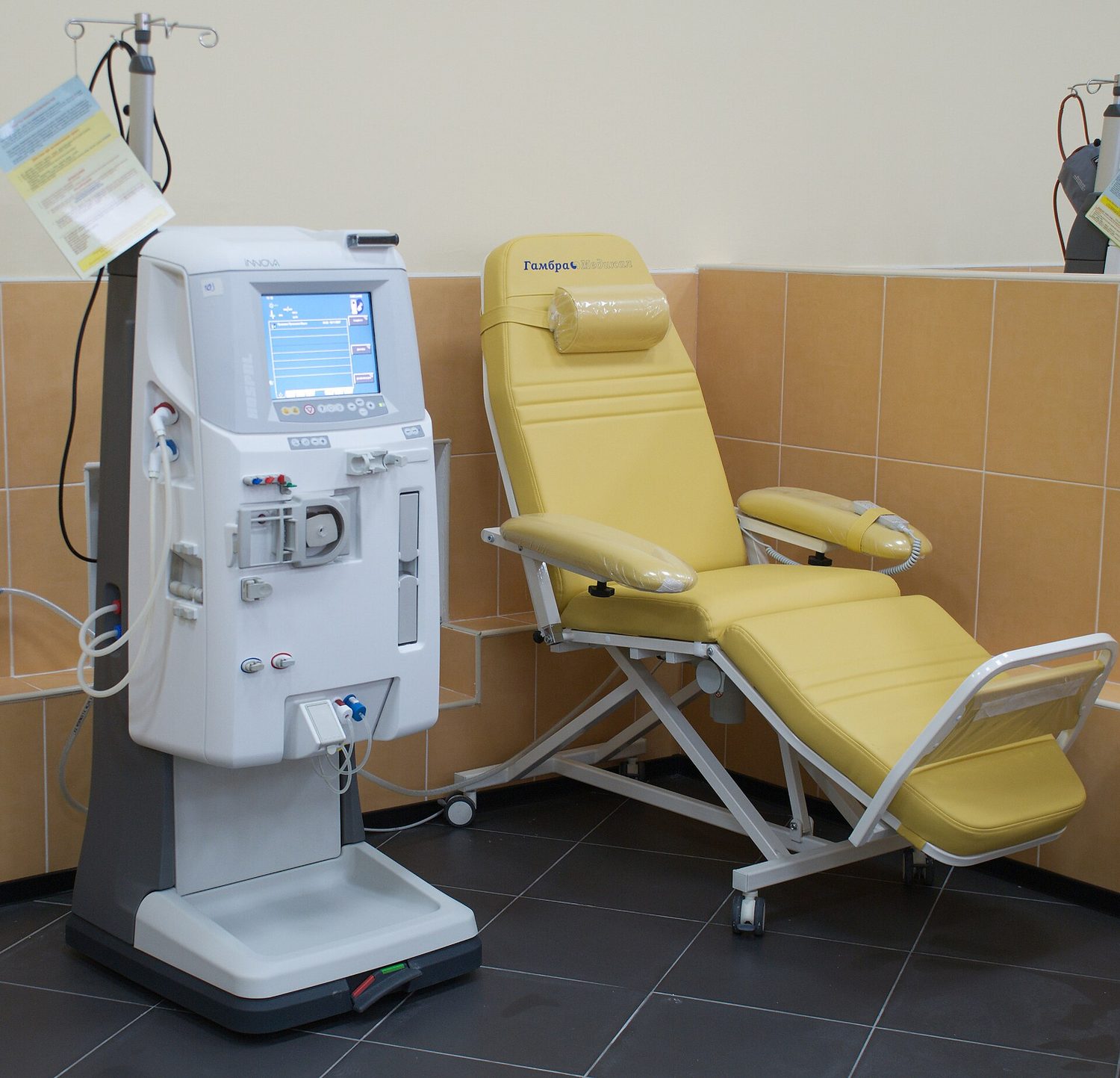 A dialysis machine cleans the blood when the kidneys stop working