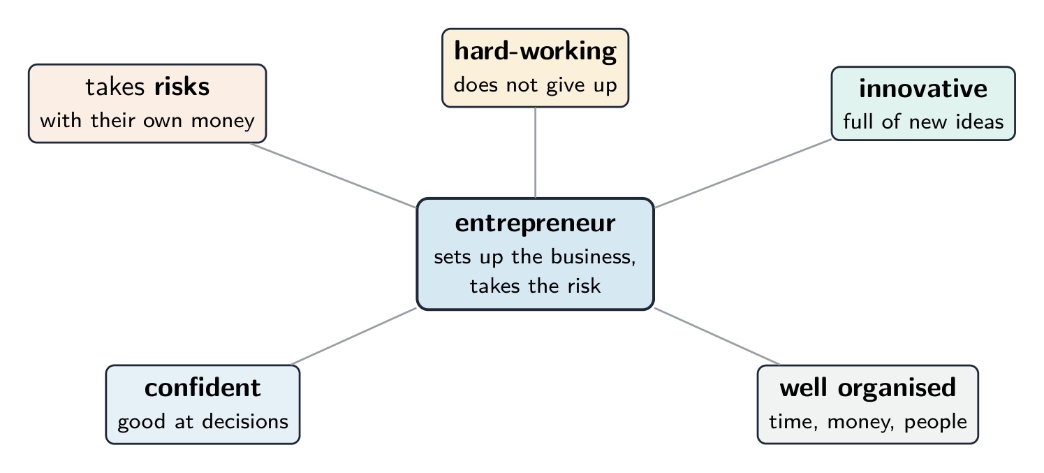 The entrepreneur in the centre with five traits around them: takes risks, hard-working, innovative, confident, well organised