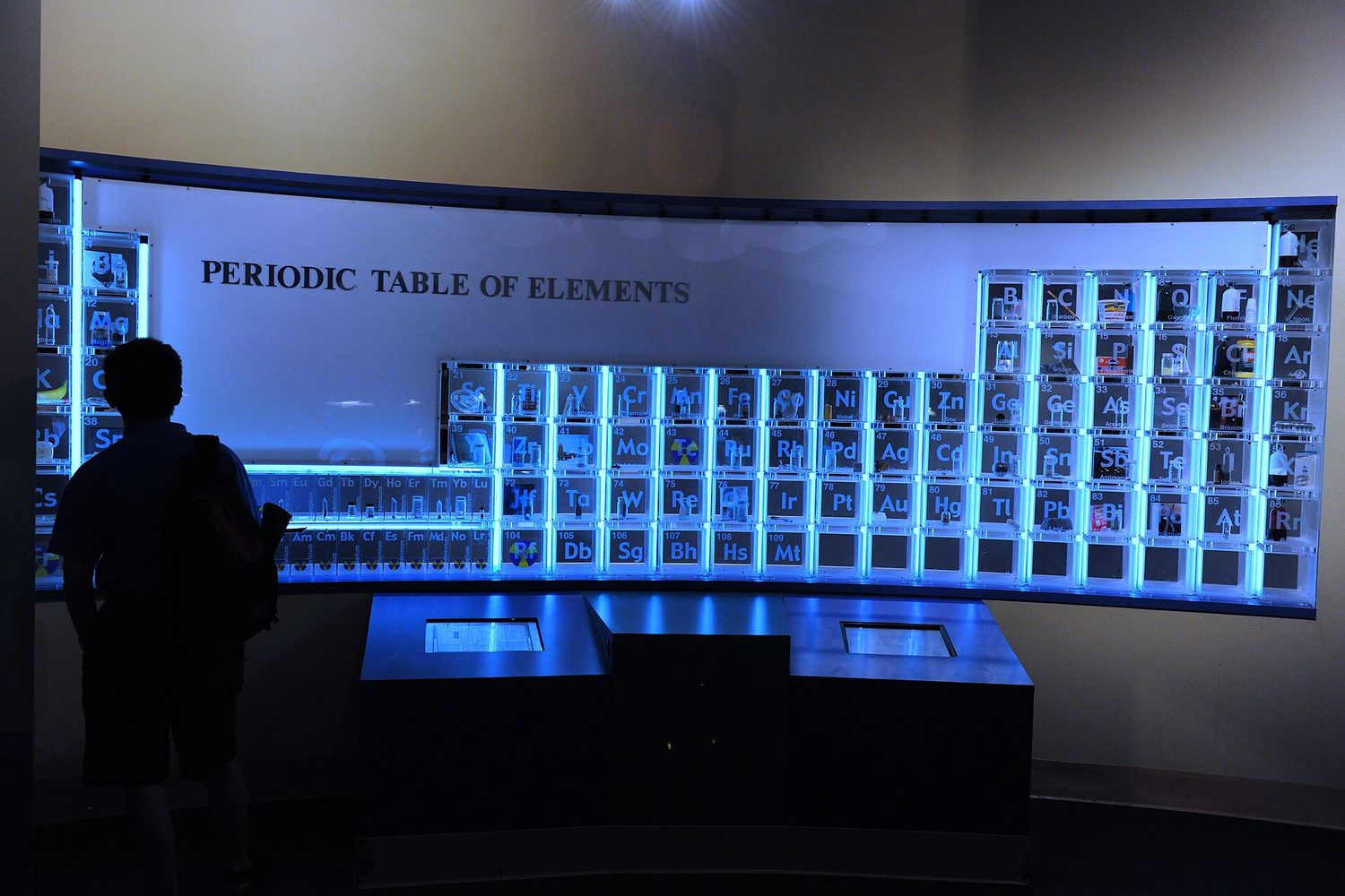 A periodic table display with element samples