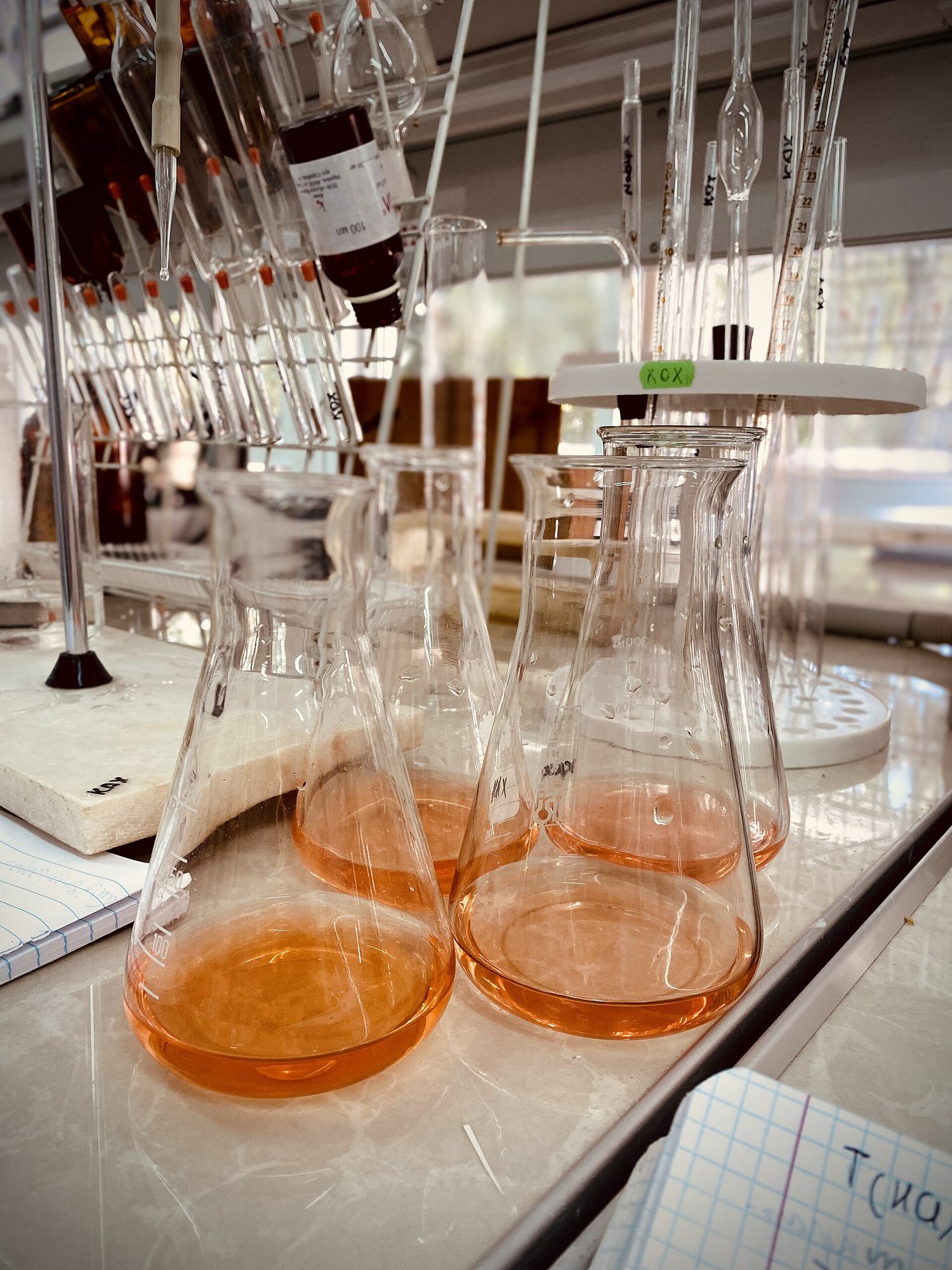 A real titration set-up: burettes above conical flasks holding an orange indicator solution