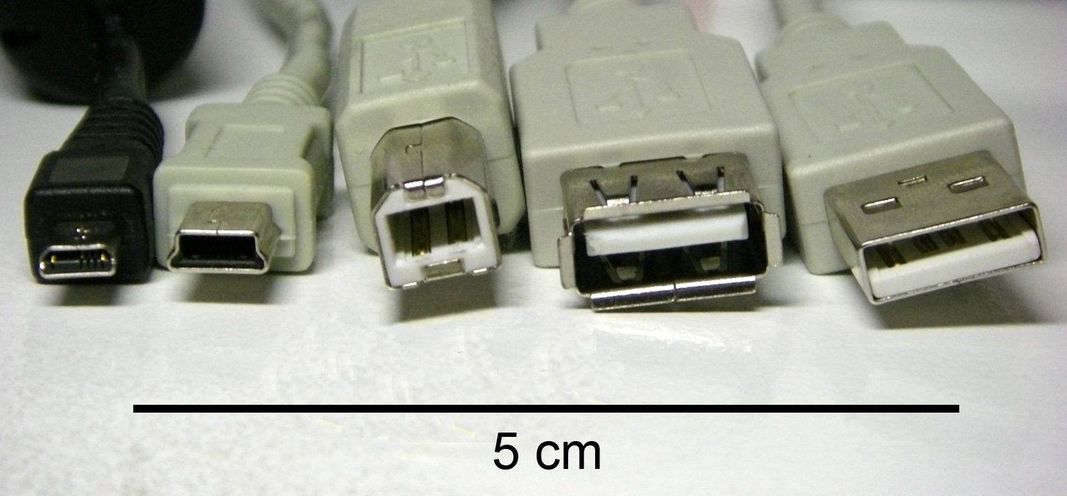 A few of the USB connector shapes. All use the same USB standard, so devices are detected automatically.