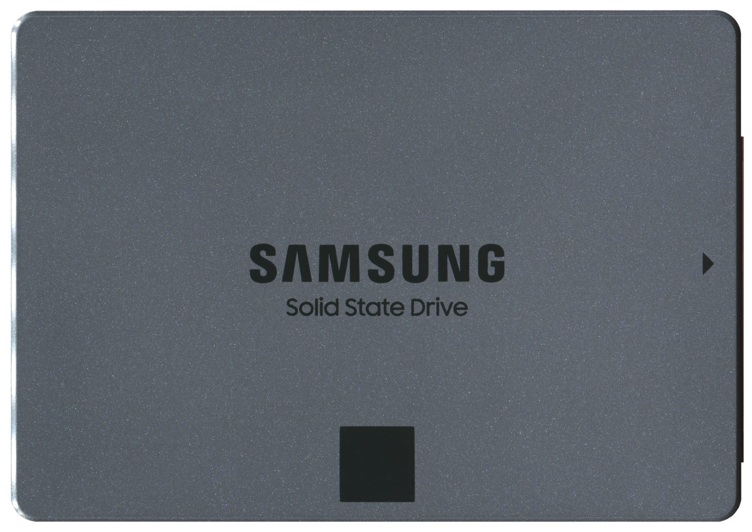 A 2.5 inch Samsung solid state drive, a flat grey metal box with no visible moving parts