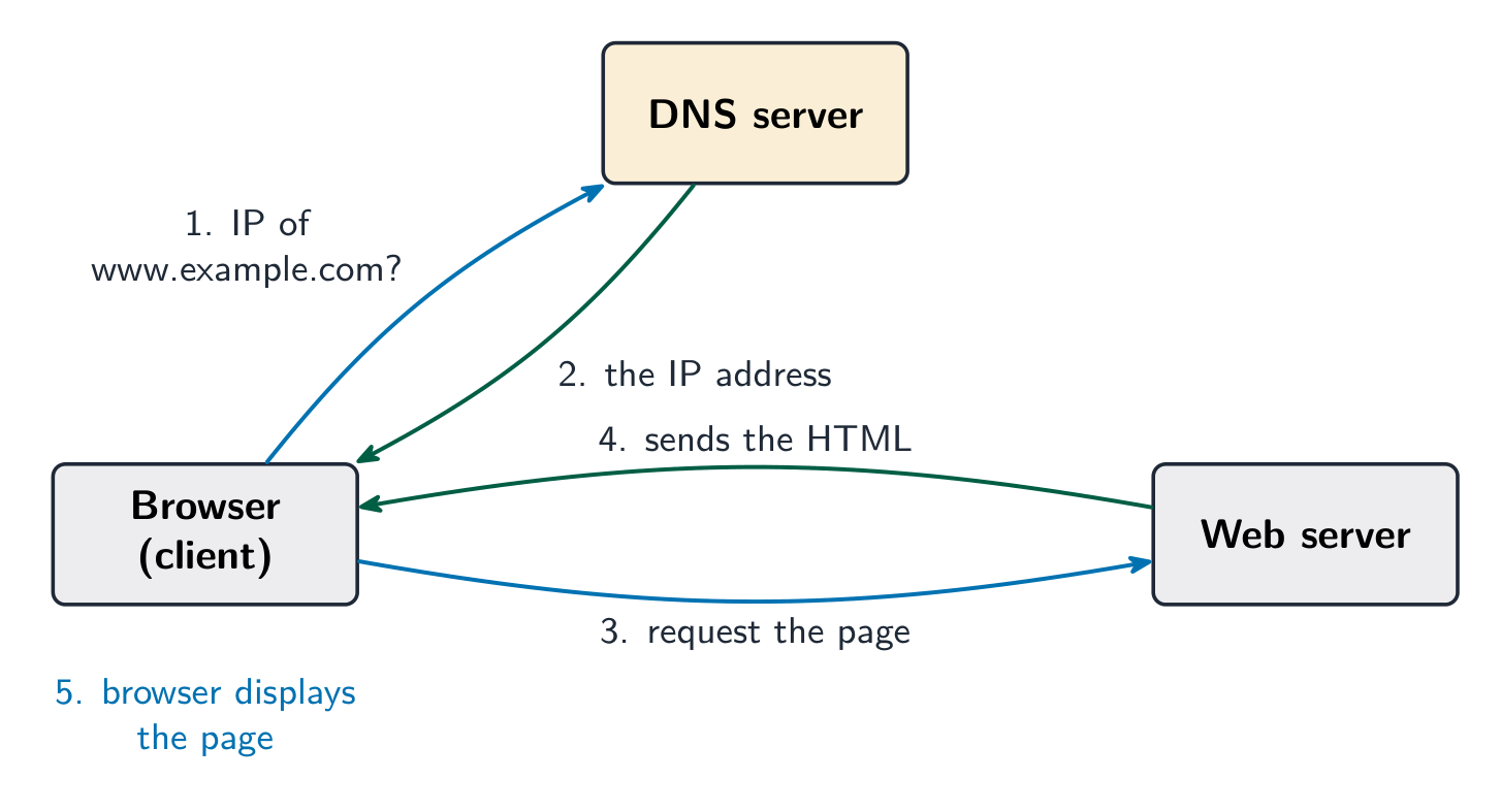 The browser asking a DNS server for an IP address, then requesting the page from the web server and receiving the HTML back