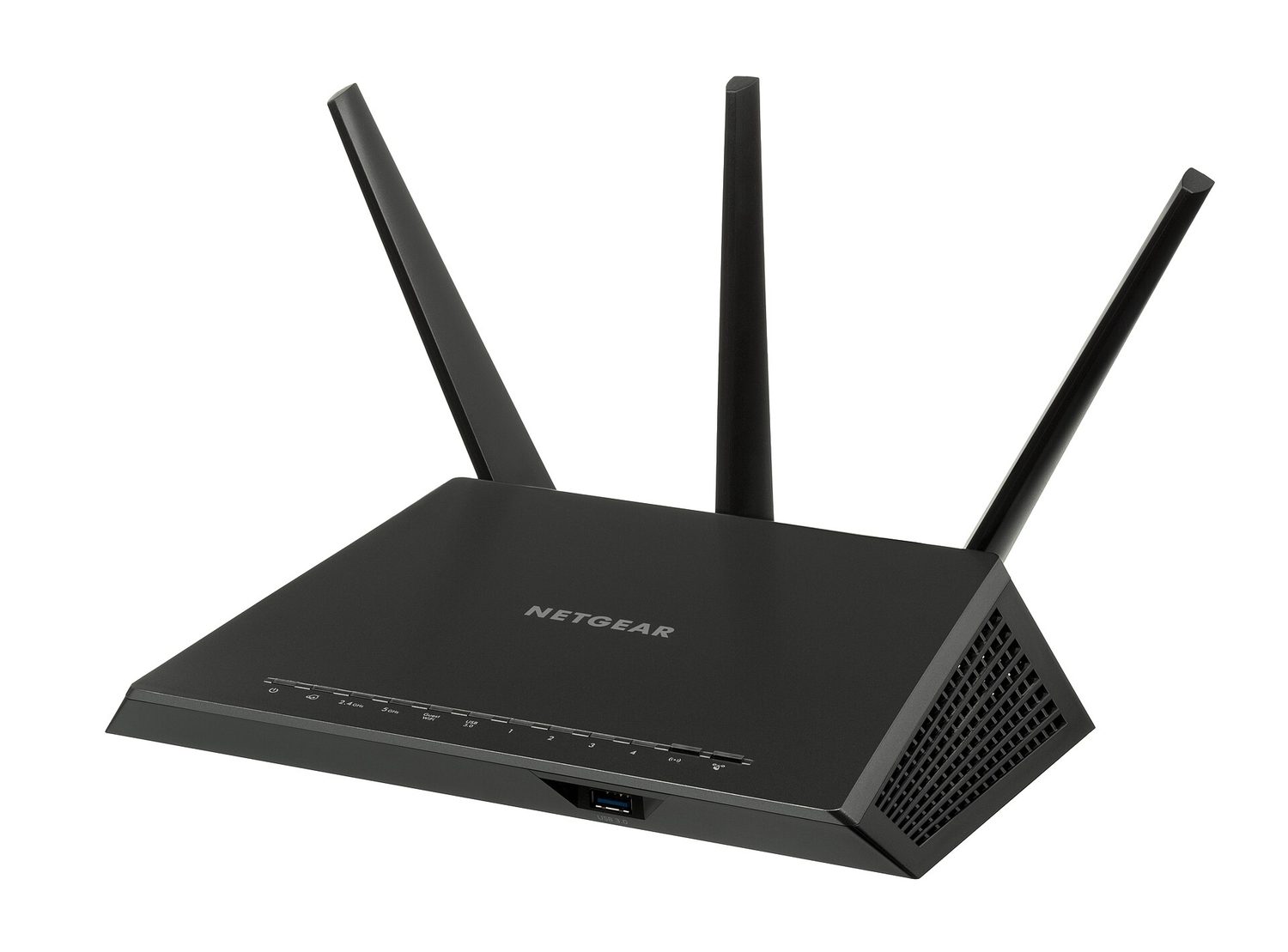 A black box-shaped router with three tall aerials standing up from it