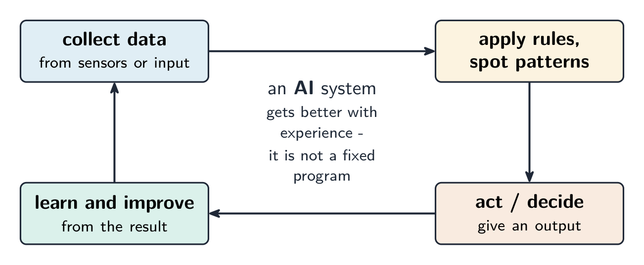 An AI system as a loop: it collects data, applies rules and spots patterns, acts on a decision, then learns and improves from the result before collecting more data