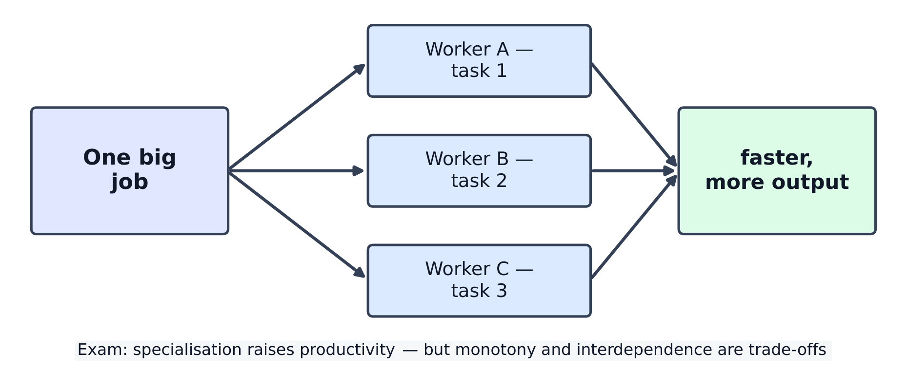 Division of labour splits one big job into small repeated tasks, one per worker, raising output