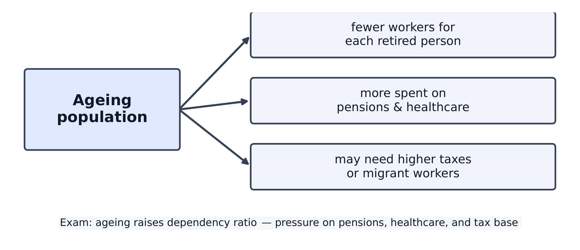 An ageing population means fewer workers per retired person, more spending on pensions and healthcare, and pressure for higher taxes or migration