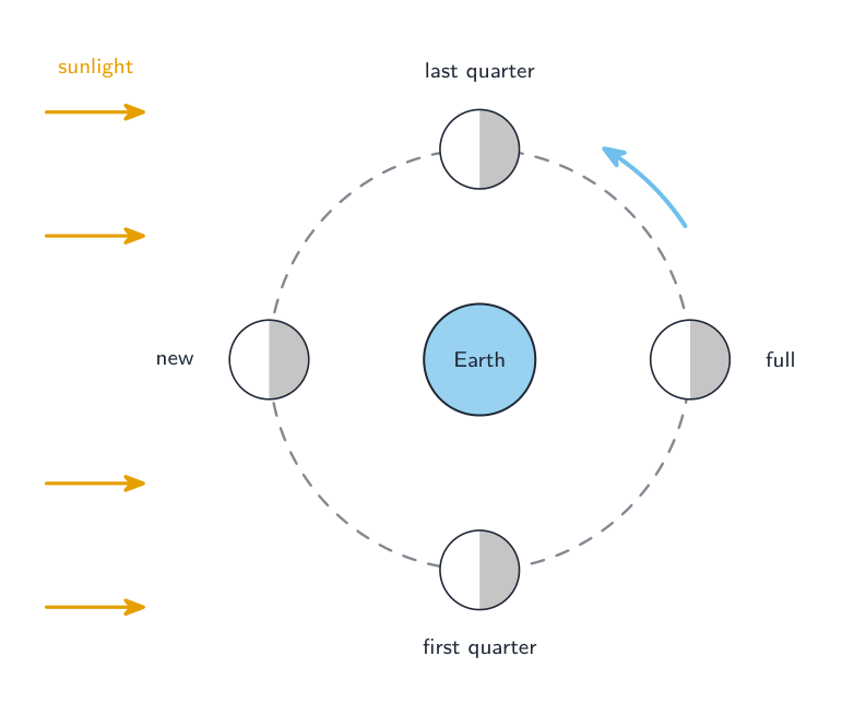 The Moon at four points around its orbit of the Earth, each with the half facing the Sun lit