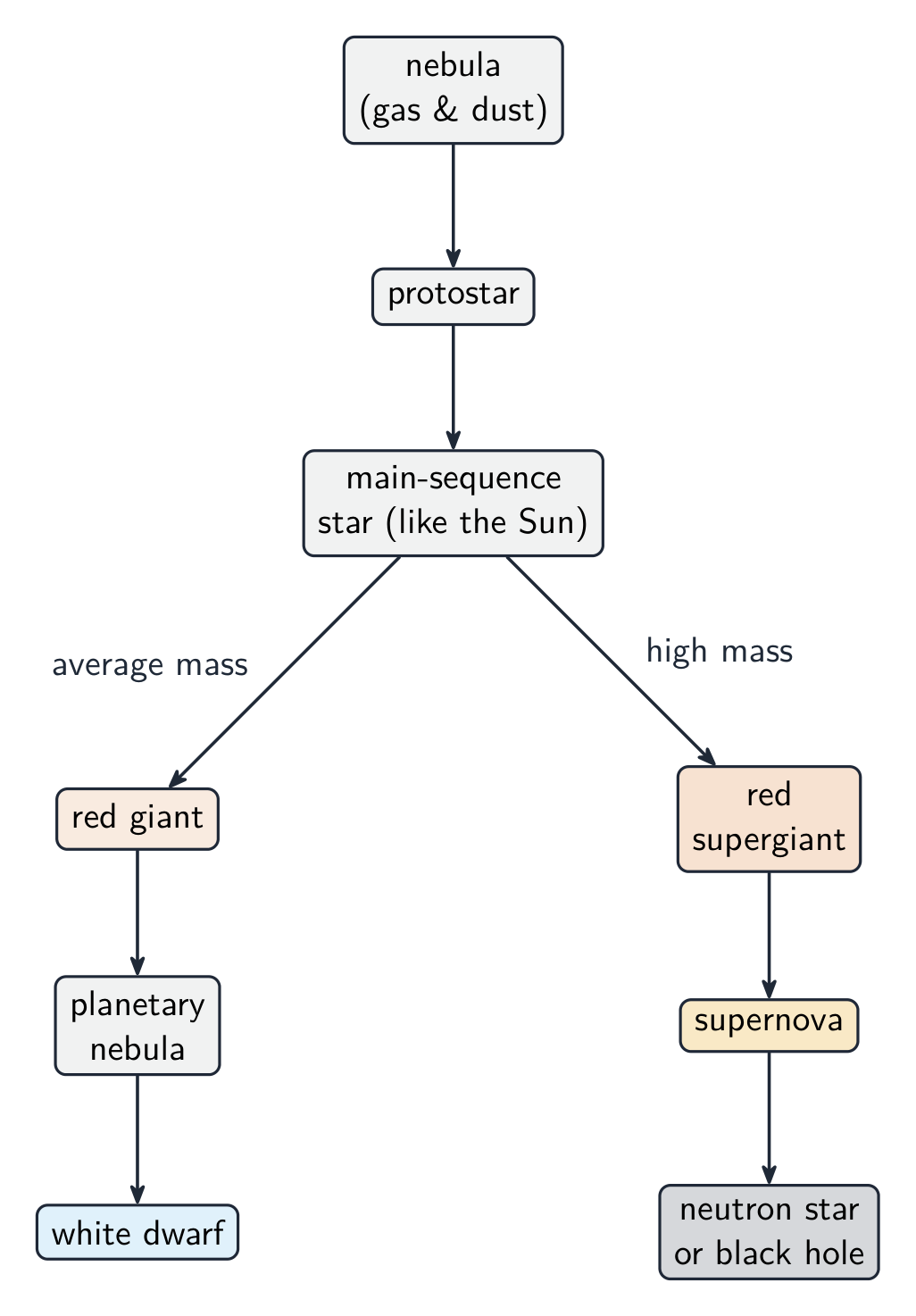 A flow chart of a star's life, branching by mass into the red-giant and red-supergiant paths