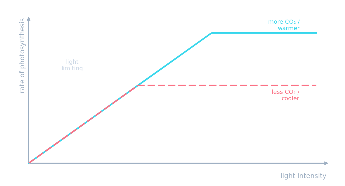 Dos curvas de velocidad frente a la intensidad luminosa que ascienden y luego se estabilizan; la curva superior tiene mayor concentración de CO₂ o temperatura más cálida