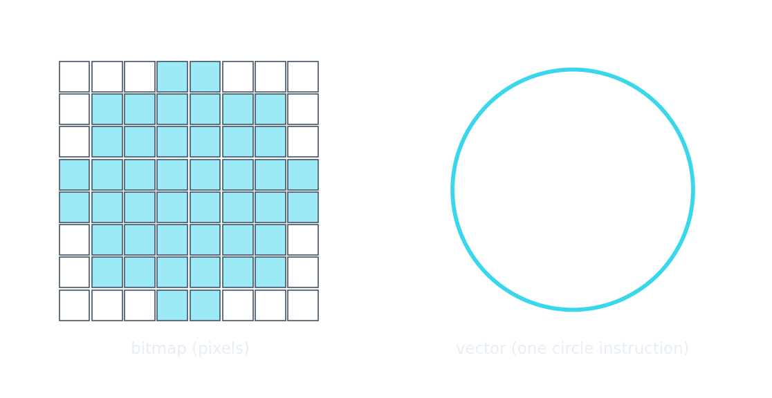 The same disc as a blocky low-resolution pixel grid (bitmap) beside a smooth vector version
