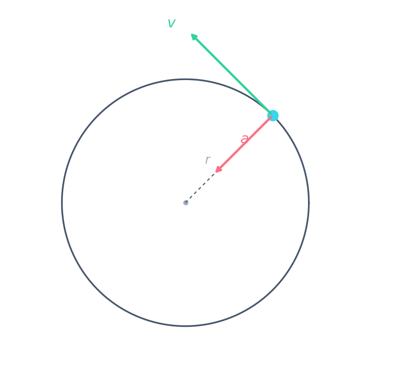 A particle on a circle of radius r, its velocity v drawn tangent to the circle and its acceleration a pointing inward to the centre