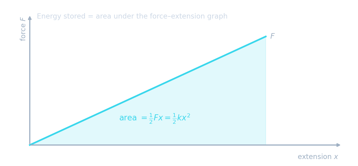A straight force–extension line with the triangle beneath it shaded, labelled area equals one half F x equals one half k x squared
