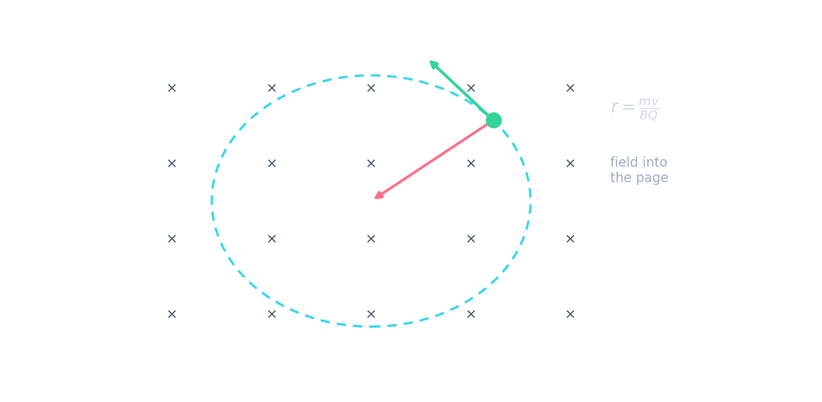 A charged particle moving in a circle in a field into the page, with the magnetic force always pointing to the centre