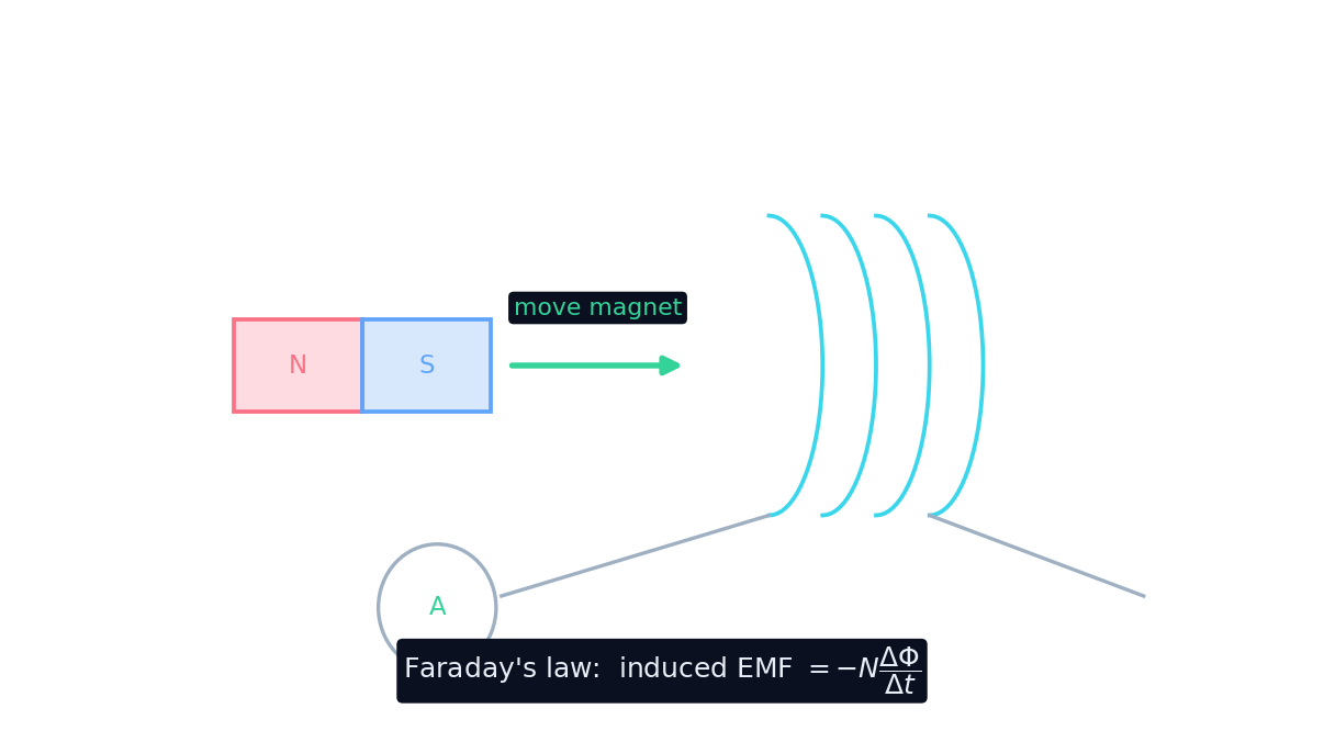 Moving a magnet into a coil changes the flux and induces a current (Faraday's law)