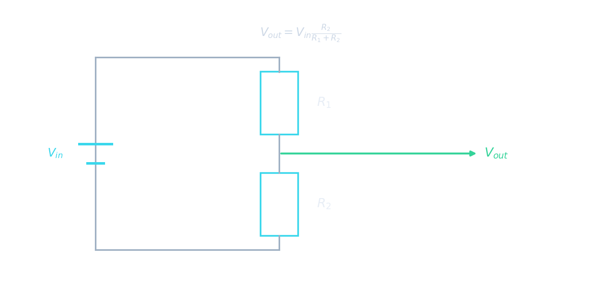 A potential divider: two resistors in series across the supply, with the output taken across one of them